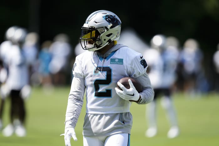 Jul 28, 2022; Spartanburg, SC, USA; Carolina Panthers wide receiver D.J. Moore (2) during the third day of training camp at Wofford College. Mandatory Credit: Jim Dedmon-USA TODAY Sports
